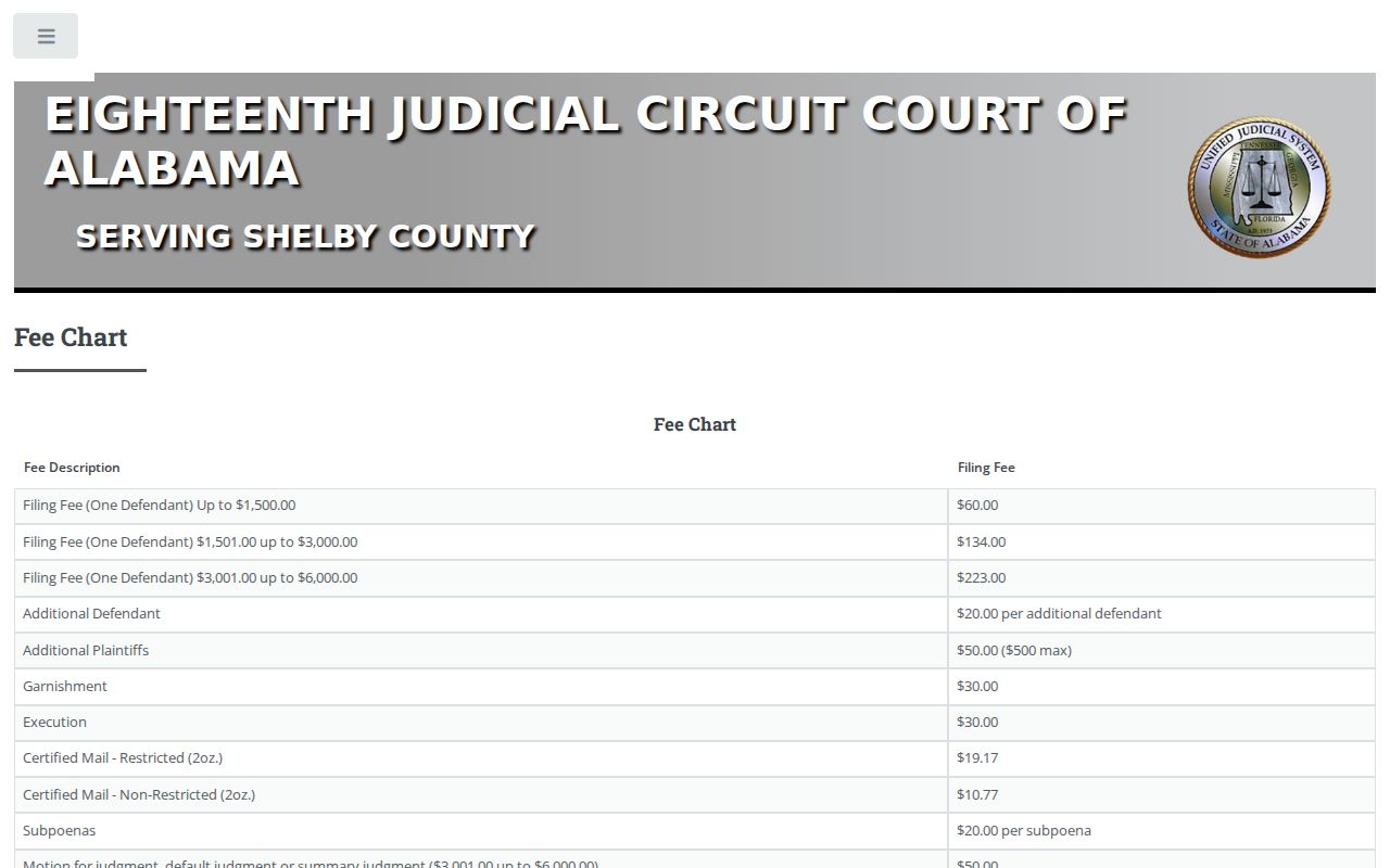 Shelby County civil docket small claims filing fee chart