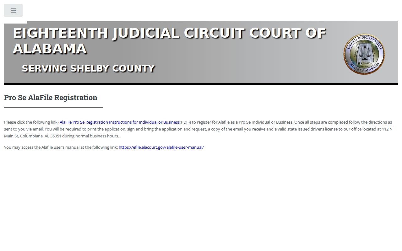 Shelby County court records pro se AlaFile registration page