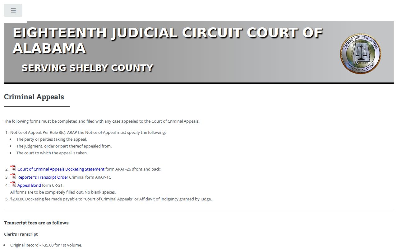 Shelby County criminal appeal docket information