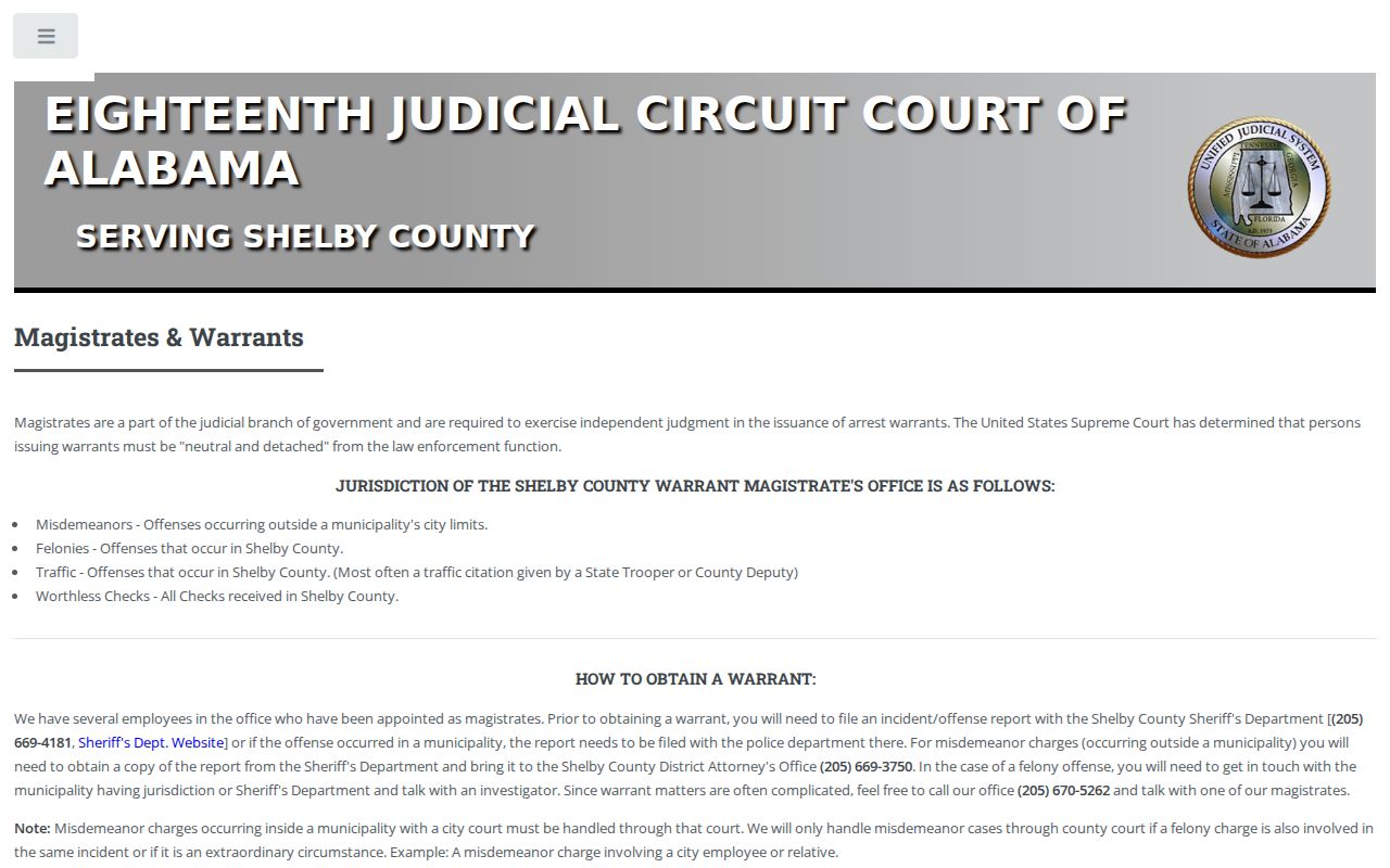 Shelby County criminal docket warrant and magistrate information
