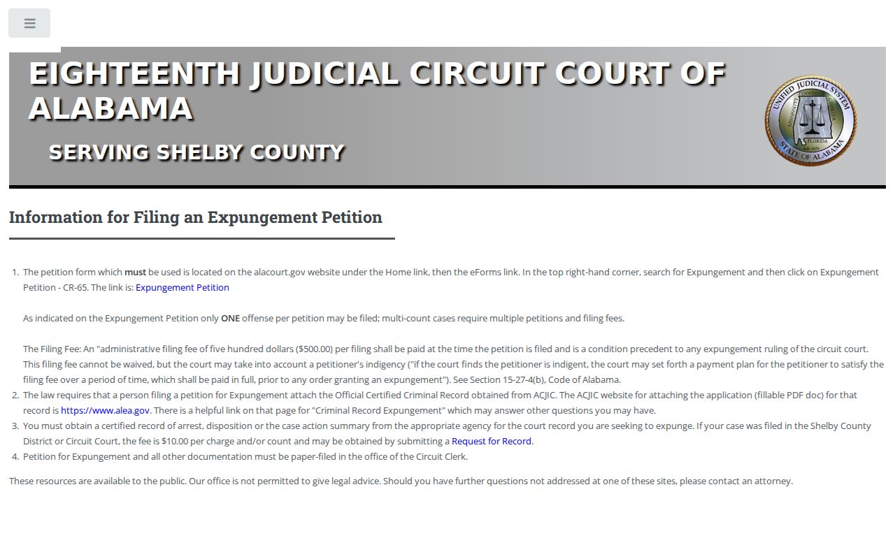 Shelby County criminal docket expungement information