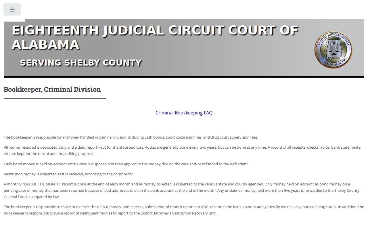 Shelby County criminal docket bookkeeper information