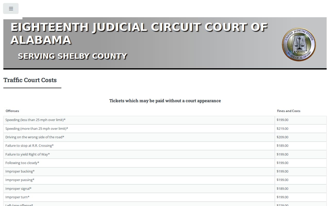 Shelby County traffic court records fine and cost chart