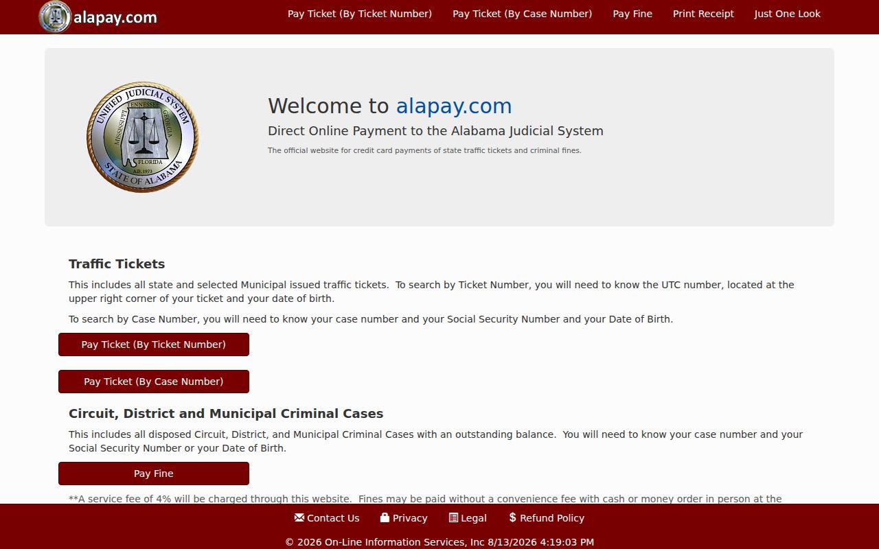 AlaPay payment interface for Shelby County traffic court records